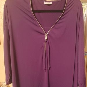 Plus Size blouse. Deep purple silky, l/s, dressy blouse with gold zipper Size 3X